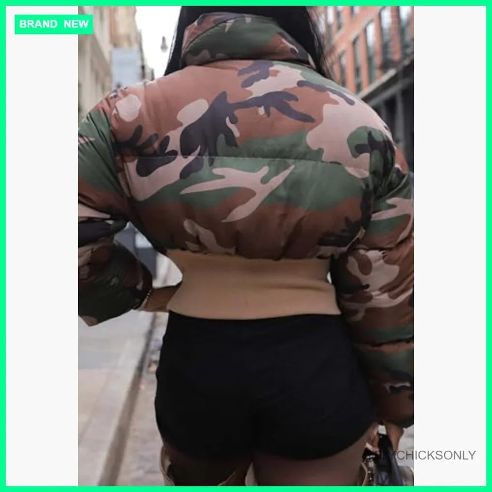 Cropped Camo Puffer Jacket Winter Warm Zip Up Quilted Short Coat - Picture 4 of 5